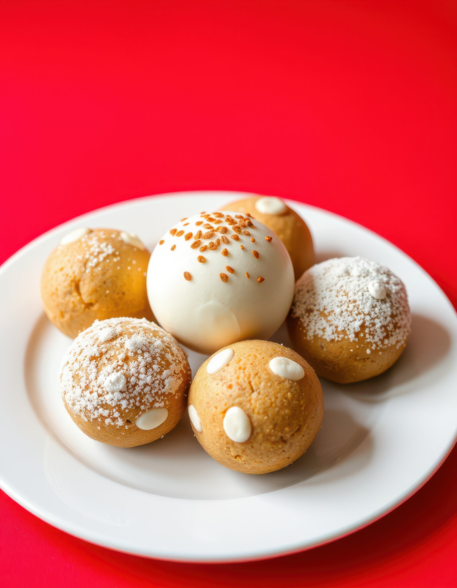 Delicious assorted dessert balls displayed on a white plate with a vibrant red background ideal for a festive occasion